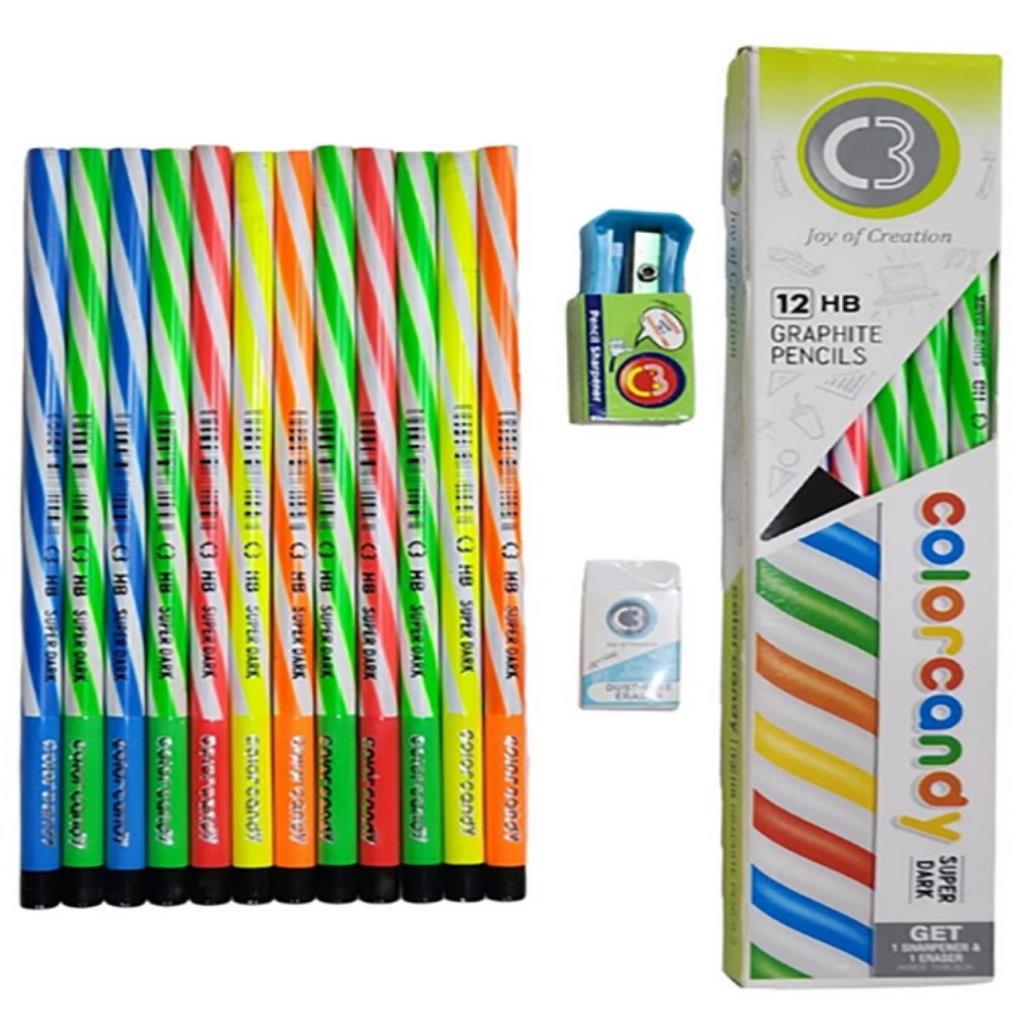 Color Candy HB Pencils Set – 12 Pieces with Sharpener & Eraser